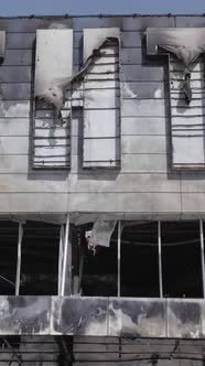 Vertical Video of a Burnt Shopping Center During the War in Bucha Ukraine