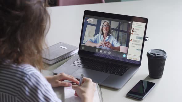 Teen Girl Student Watching Webinar Distance Learning with Online Teacher