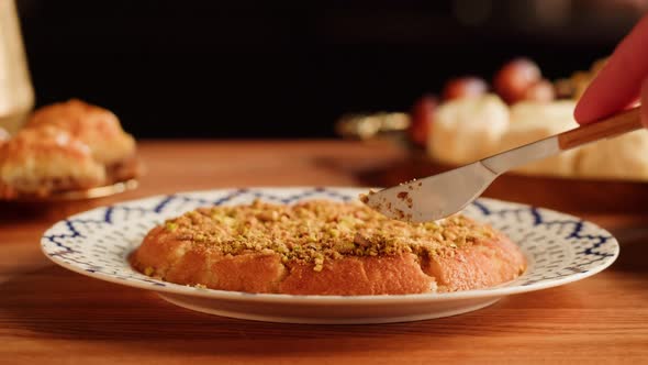 Arabic Traditional Sweets Kunafa Dish Closeup