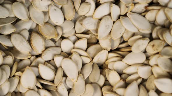 Many Pumpkin Seeds Close Up Panning Against the Background in a  Store.