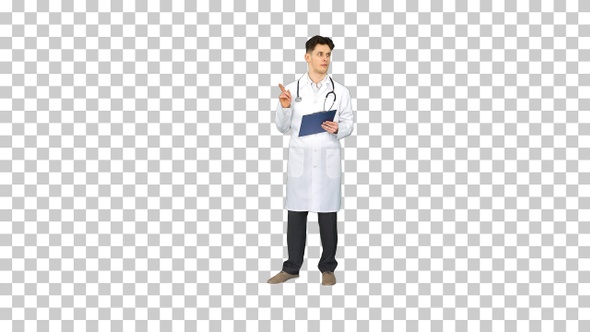Doctor dancing holding tablet with documents, Alpha Channel