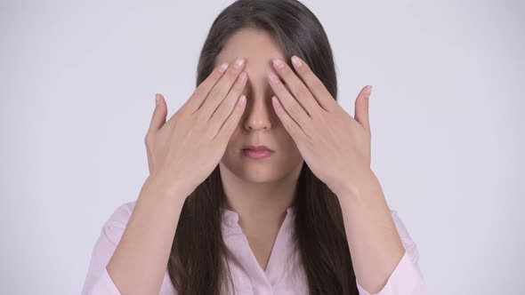 Face of Young Multi-ethnic Businesswoman Covering Eyes As Three Wise Monkeys Concept