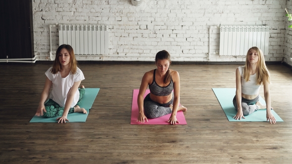 Group of Young People Are Doing Yoga Exercises Moving From King Pigeon Pose To Eka Pada