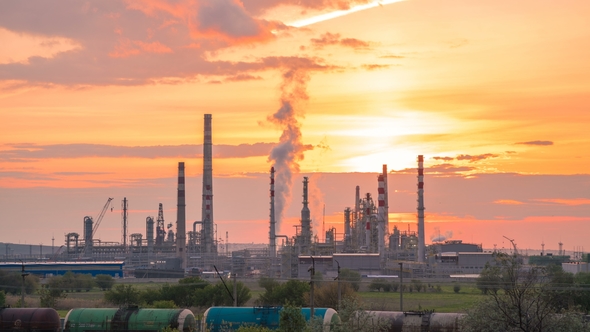 Oil Industry Refinery Factory at Sunset Time.