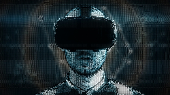 A Talking Hologram of a Young Man with Digital Disturbances in Virtual Reality Glasses alt