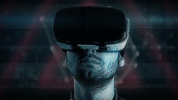 Hologram of a Young Man with Digital Disturbances in Virtual Reality Glasses alt