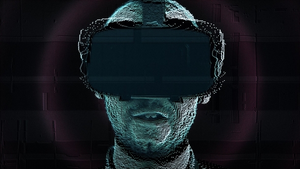 A Talking Hologram of a Young Man with Digital Disturbances in Virtual Reality Glasses alt