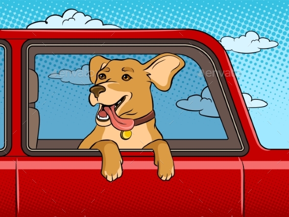 Dog in Car Window Pop Art Vector Illustration
