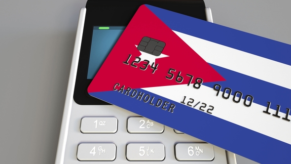 POS Terminal with Credit Card Featuring Flag of Cuba