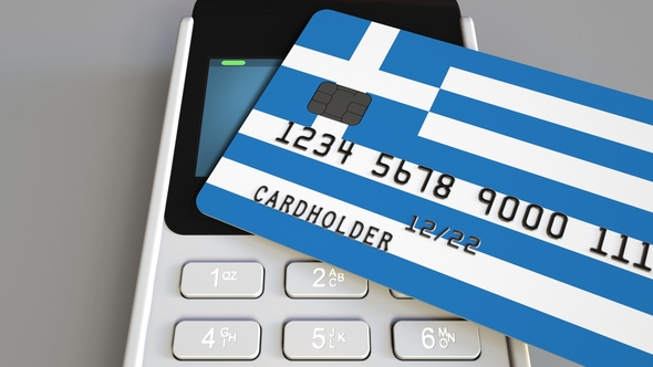 Payment Terminal with Credit Card Featuring Flag of Greece alt