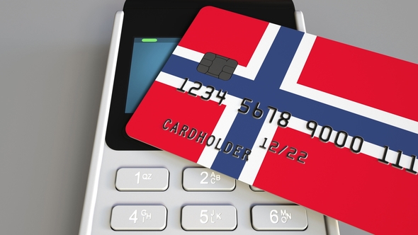POS Terminal with Credit Card Featuring Flag of Norway alt