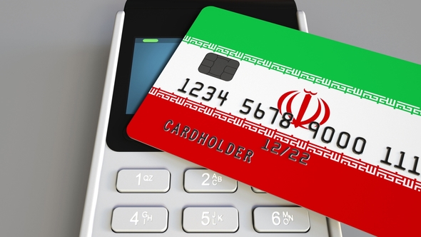POS Terminal with Credit Card Featuring Flag of Iran alt