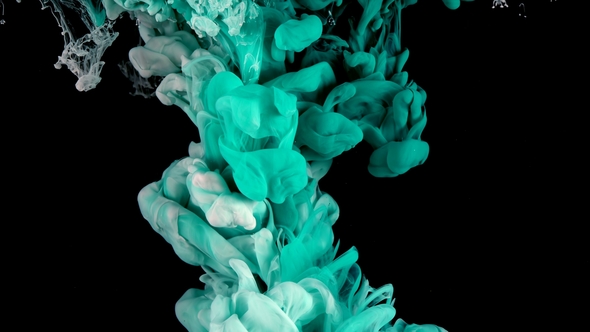 Turquoise Ink in Water Shooting with High Speed Camera. White Paint Dropped, Reacting, Creating alt
