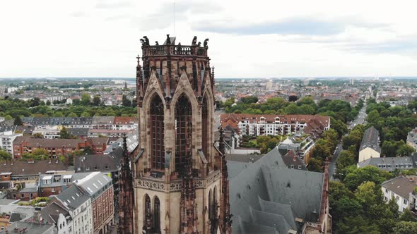 4k drone footage circling the historical tower of the Great Saint Martin Church in Cologne, Germany