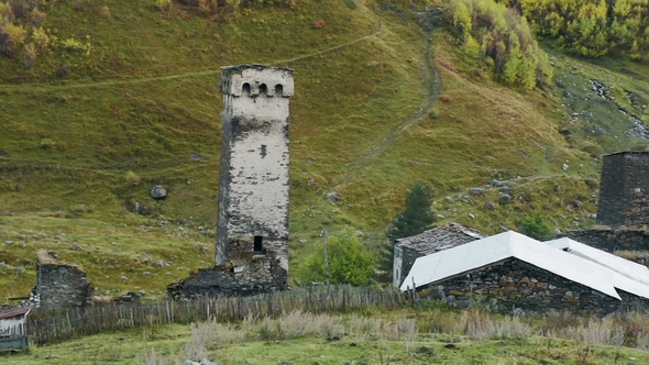 Fortification Architecture in Amazing Touristic Place Ushguli Located at the Foot of Shkhara, One of