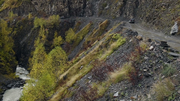 Car Riding on a Road To Ushguli, at the Foot of Shkhara, Community of Villages Located at the Head