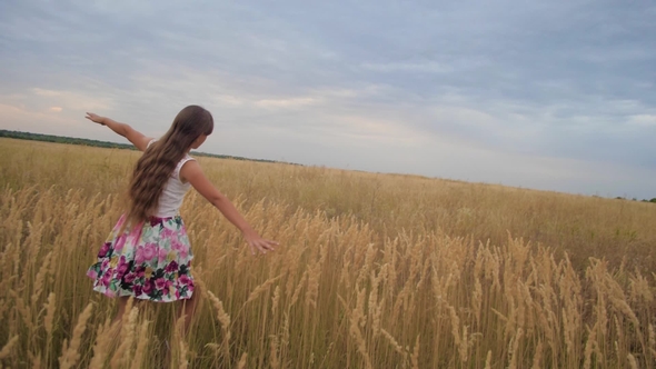 Teenager Girl Spreads Her Arms Like Wings and Walks Across Field