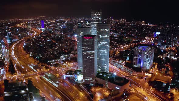 Night Tel Aviv Business City Center from Birds View, Israel 4k Aerial Drone