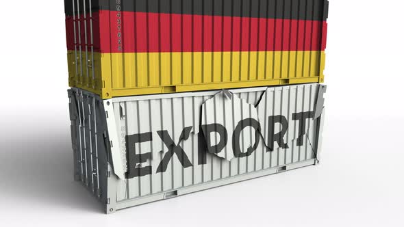 Container with EXPORT Text Being Crashed with Container with Flag of Germany alt
