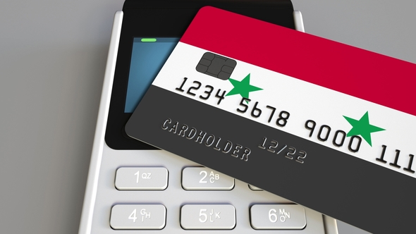 POS Terminal with Credit Card Featuring Flag of Syria alt