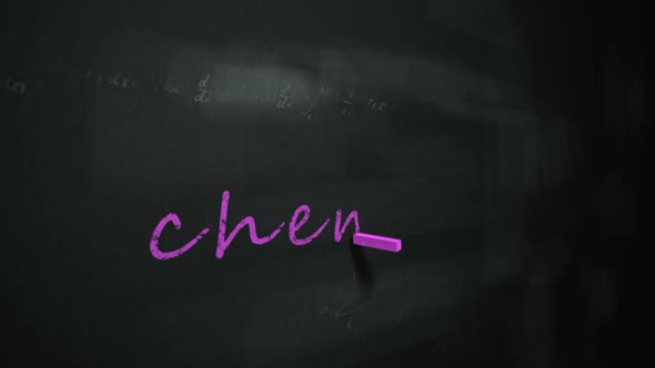 Animation of purple chalk writing the English word 'chemistry' on a blackboard.