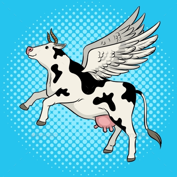 Flying Cow Farm Animal Pop Art Vector Illustration