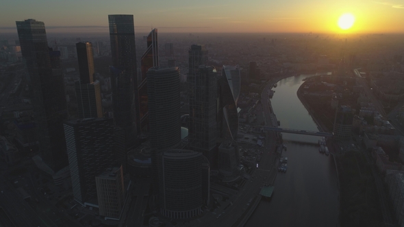 Aerial View od Skyscrapers of Moscow City Business Center and Cityscape at Sunny Sunrise