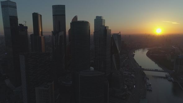 Aerial View of Moscow City International Business Center and City Skyline at Sunny Sunrise
