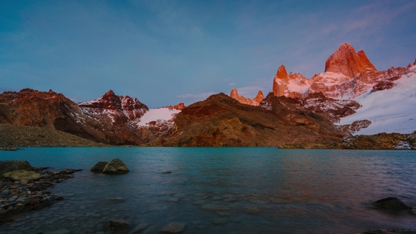 View of Mount Fitz Roy and the Lake in the National Park Los Glaciares National Park at Sunrise