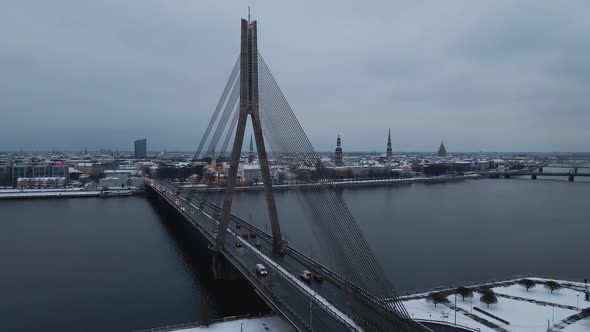 Aerial View of Vansu Bridge with Car Traffic During Winter