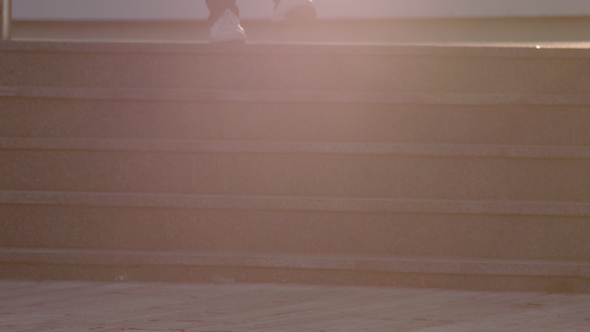 Unrecognizable Woman Feet Walking Down the Stairs Lense Flare Raw Processed  Summer Time