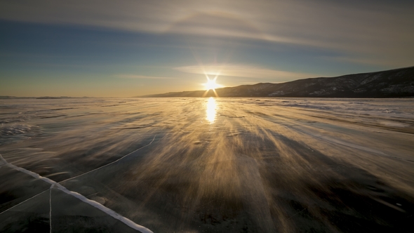 Winter Baikal. Strong Wind on the Ice, Drifting Snow