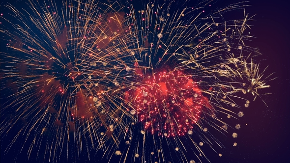 Red Firework Bursts. Big Firecracker Bursts in the Sky During Celebration