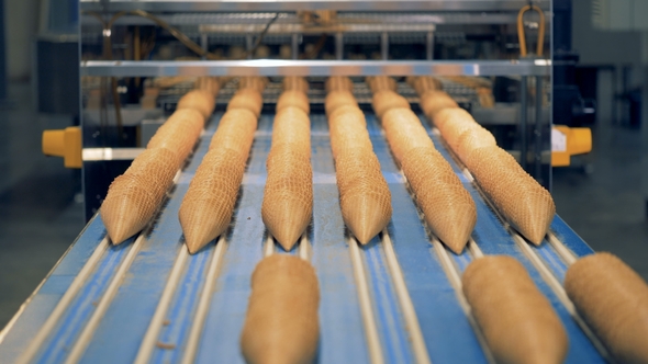 Parallel Lines of Waffle Cones Are Getting Pushed Along the Conveyor Belt