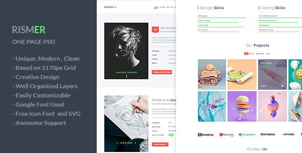 Rismer - One Page Resume and Portfolio PSD Template