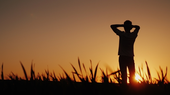 Silhouette A Young Man Enjoys the Fresh Air and Admires the Sunset