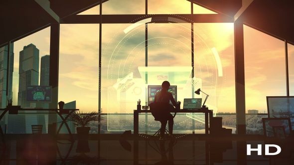 In the office, the silhouette of a female designer at the desk HD