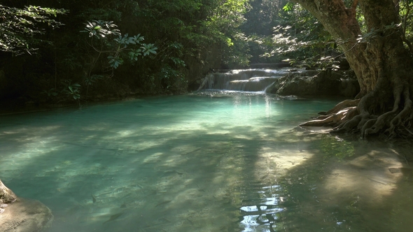 Waterfalls of Erawan Cascade in Thailand