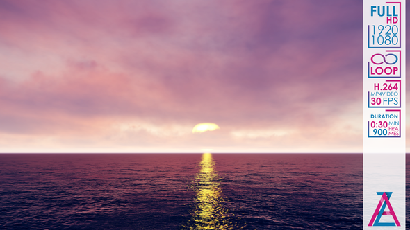 Sunset Sky with Pink Clouds with Sun and Purple Ocean