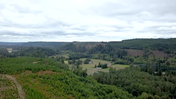 Aerial flying toward a small rural settlement of farmers in Washington.