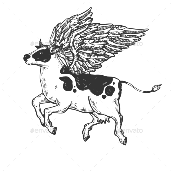 Flying Cow Farm Animal Engraving Vector