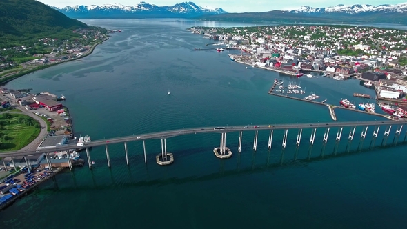 Bridge of City Tromso, Norway Aerial Footage