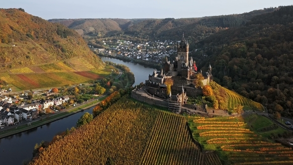 Flight over Cochem Castle in Germany