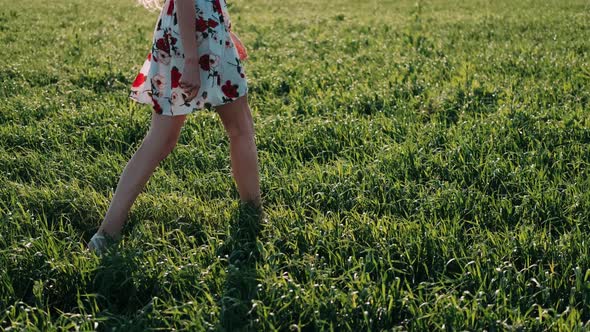 A Young Red-haired Girl Happily Walking in Slow Motion Through Green Field. Beautiful Carefree Woman