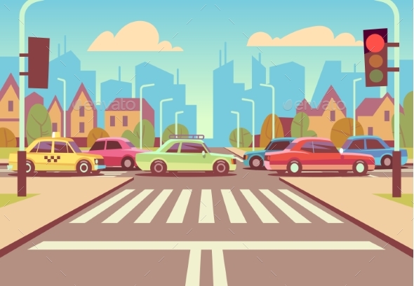 Cartoon City Crossroads with Cars in Traffic Jam