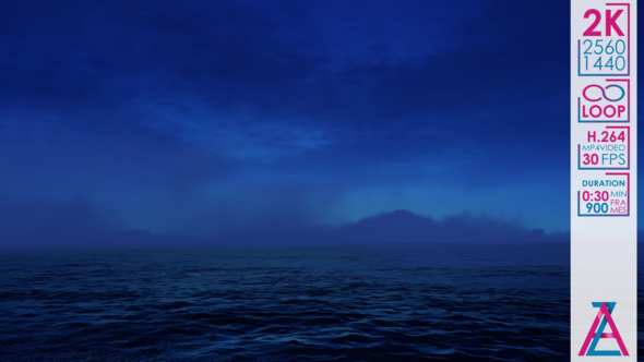 Blue Cirrus Clouds in the Night Sky with the Fog and the Dark Ocean alt