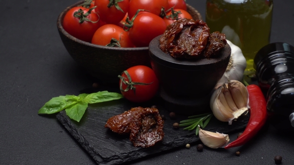 Canned Sundried or Dried Tomato Halves in Wooden Bowl