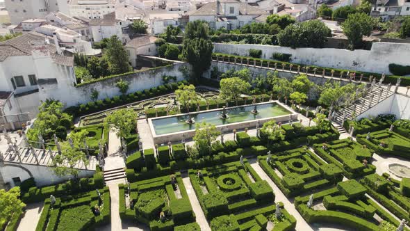 Aerial top view over Beautiful Garden of the Episcopal Palace, Castelo Branco - Portugal