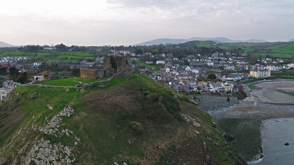 Aerial View of Criccieth Castle and Beach at Dawn in Wales in UK