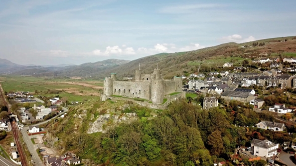 Aerial View of the Skyline of Harlech with It's 12Th Century Castle, Wales, United Kingdom